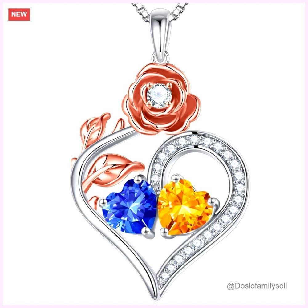 Sterling Silver Double Birthstone Necklace Elegant Heart Pendant Anniversary